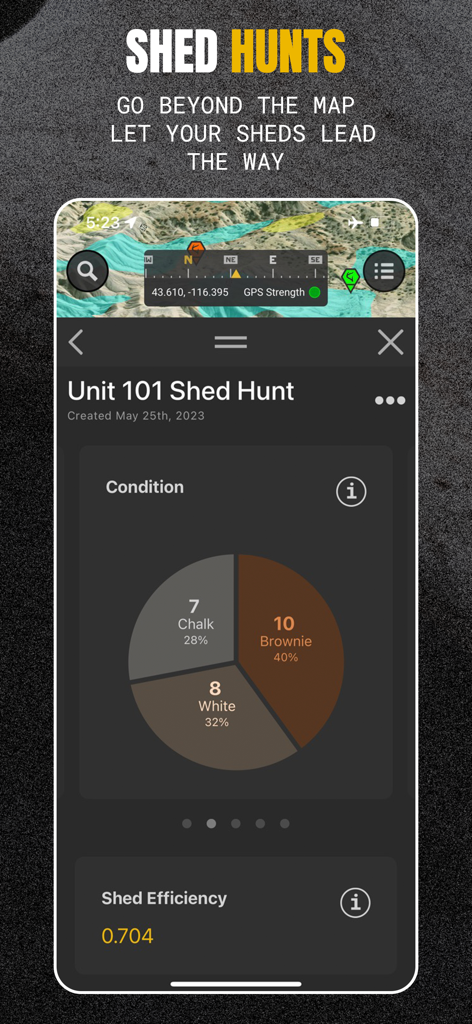 Scout To Hunt: Shed Hunt Maps - Interface of the Scout To Hunt app showing a pie chart of antler conditions and shed efficiency metrics