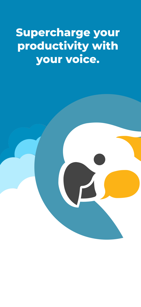 Talkatoo - Talkatoo app introductory screen featuring a parrot logo and the slogan supercharge your productivity with your voice