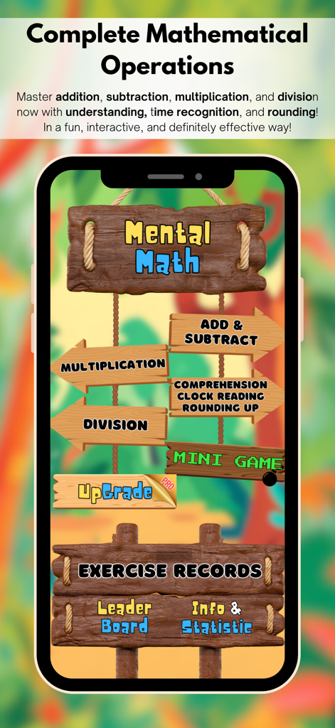 Main menu of Power Congak app featuring mental math categories like addition subtraction and multiplication on rustic wooden signs