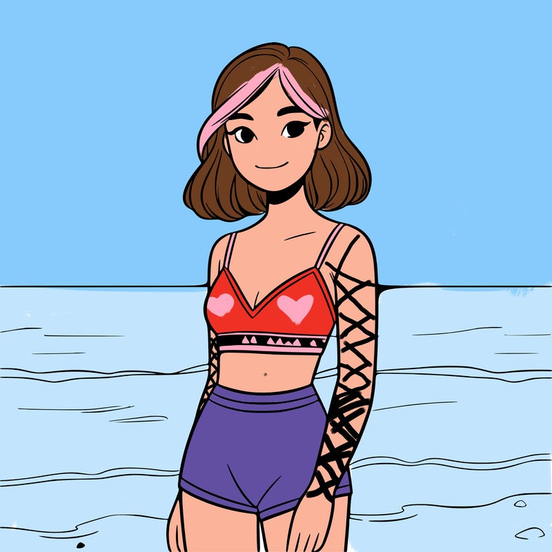 realistic girl in 2 piece bathing suit on the beach