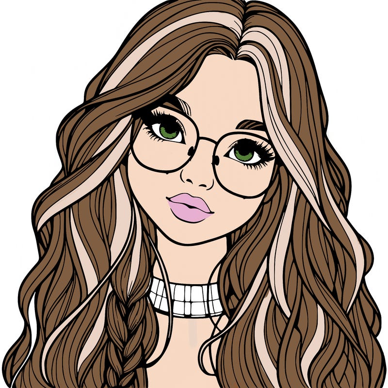 girl with long hair and freckles and glasses realistic