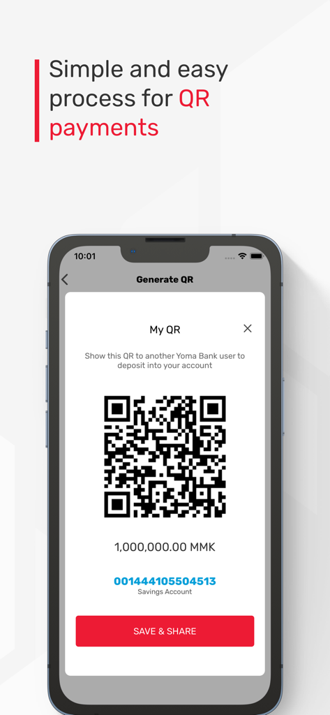 Yoma Bank Next mobile app screen showing a generated QR code for a one million MMK deposit with a save and share button