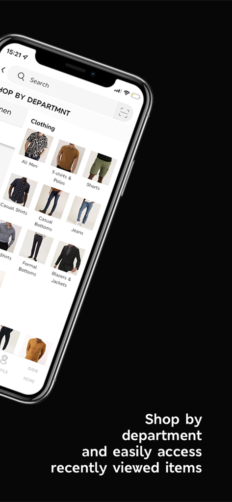 M&S India - MS India app interface showing mens clothing categories to shop by department