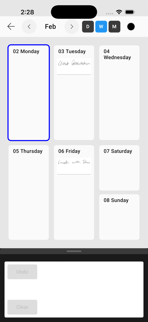 InkThink - Handwritten Planner - Weekly calendar view of the InkThink app showing handwritten notes for a client presentation and lunch