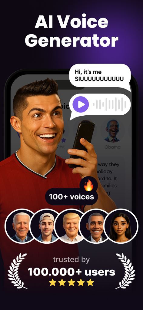 Vozee: Celebrity voice changer - Interface do aplicativo Vozee exibindo o gerador de voz IA de celebridades com vários rostos famosos e classificação de usuário