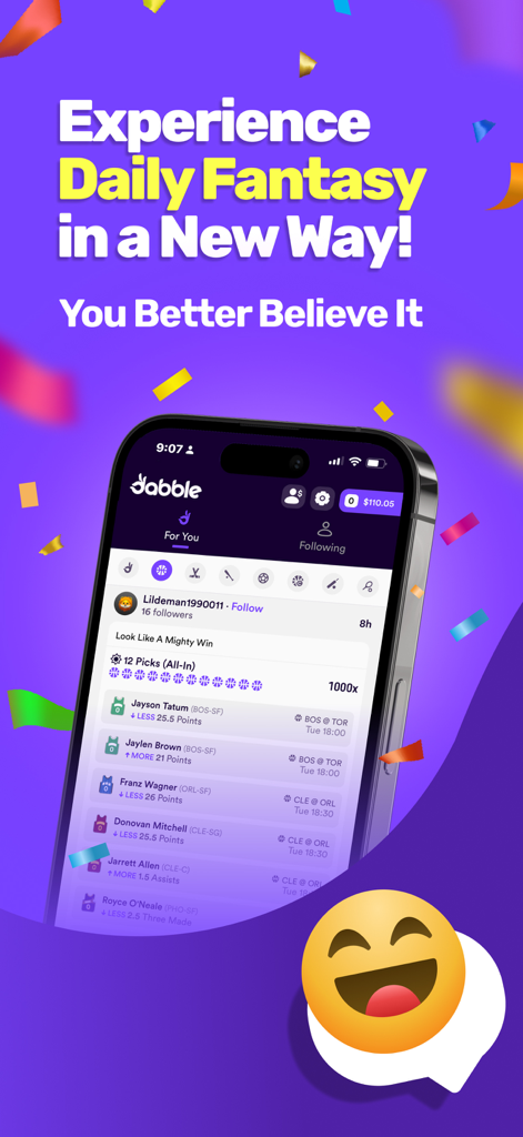Dabble app mobile screen displaying a social feed with NBA player picks and a 1000x multiplier