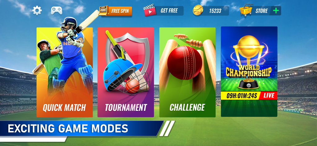 T20 Cricket Champions 3D - Menú principal de T20 Cricket Champions 3D que muestra los modos Partida Rápida, Desafío de Torneo y Campeonato Mundial