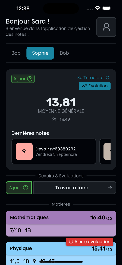 Dashboard of the MoyennesED app showing student averages and school subjects