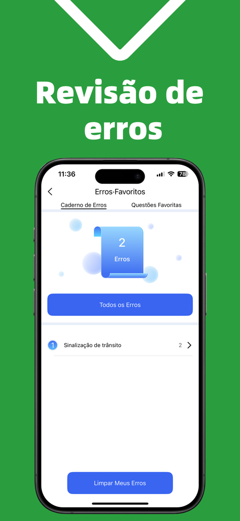 Simulado Detran CNH Prova 2026 - Tela de revisão de erros de leis de trânsito no aplicativo Simulado Detran CNH 2026