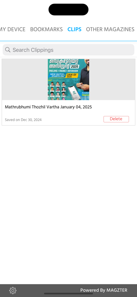 Mathrubhumi Thozhil Vartha - Mathrubhumi Thozhil Vartha app interface showing the saved clippings section.