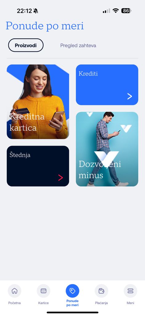 Écran de l'application mobile Aik mBanking affichant des offres financières personnalisées pour les cartes de crédit, les prêts et l'épargne