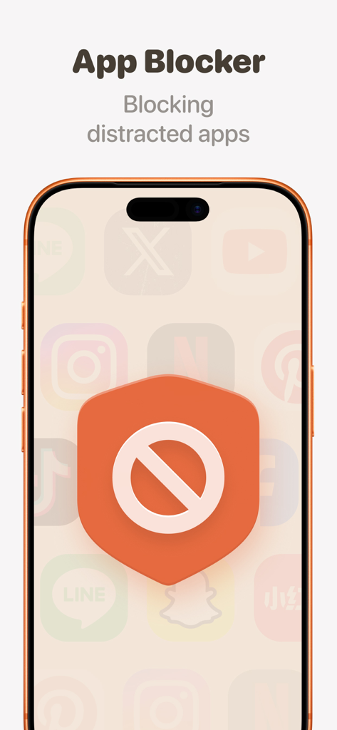 FocusPomo app blocker feature on an iPhone screen showing a shield icon blocking distracting social media apps
