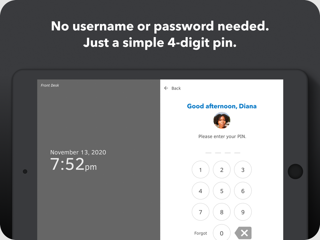 QuickBooks Time Kiosk login screen showing a 4 digit PIN keypad for employee clock in
