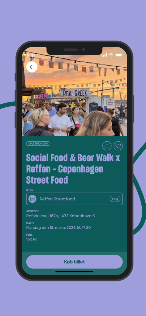 Screen showing event details for a social food and beer walk at Reffen Copenhagen on the gogo app.