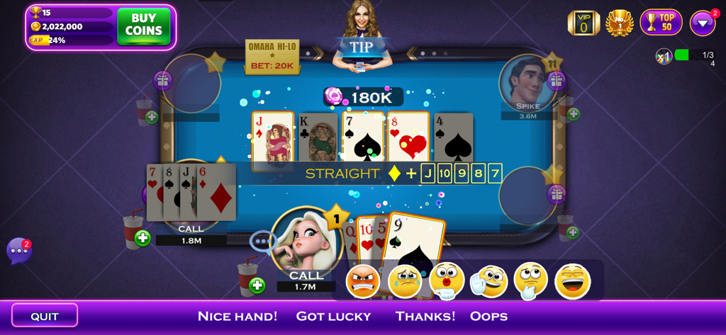 Omaha Poker™- Unlimited Play - Gameplay screen of Omaha Poker Unlimited Play showing a virtual poker table with players and a winning straight hand.