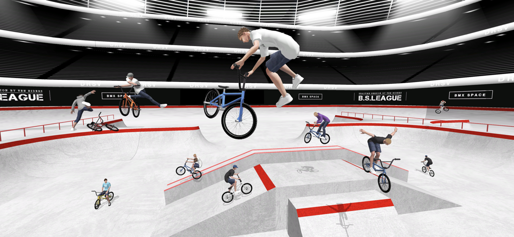 BMX Space - Jinetes de BMX multijugador realizando trucos en una gran arena de skatepark interior