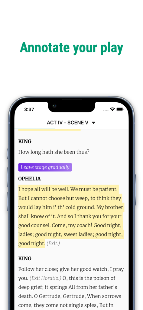 Imparato - Theatre - Script view of the Imparato theatre app with highlighted lines and custom annotations.