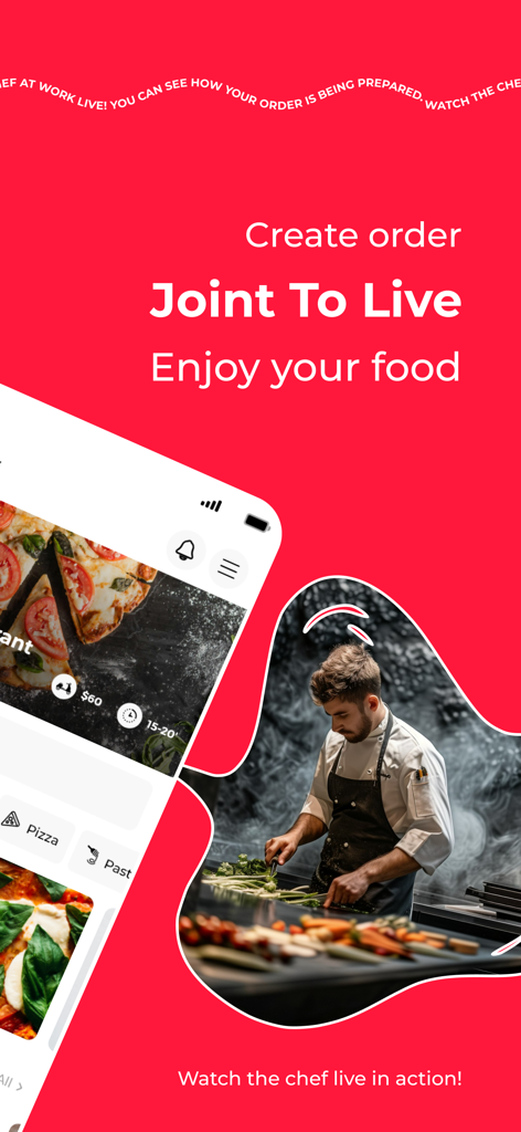 LiveChef Online Restaurant - Una interfaz de aplicación móvil que muestra un pedido de pizza gourmet y una transmisión de video en vivo de un chef profesional preparando comida en la cocina de un restaurante.