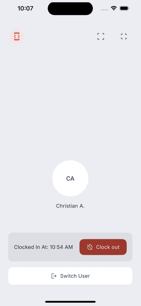 Twine POS - Twine POS mobile app interface displaying employee clock in time and clock out button