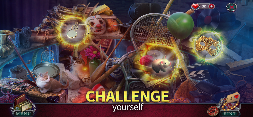 Fatal Luck: Adventure (F2P) - Fatal Luck Adventureの隠されたオブジェクトパズルシーン。光るアイテムと子猫が登場します