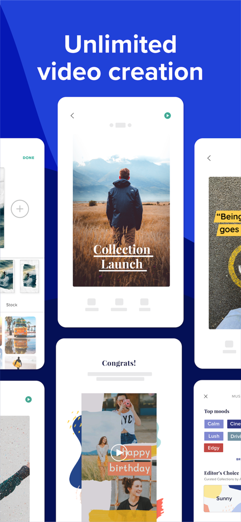 Animoto: Video Maker & Editor - Animoto動画エディターのインターフェース。ソーシャルメディア向けのプロフェッショナルテンプレートと無制限の動画作成機能が表示されています。