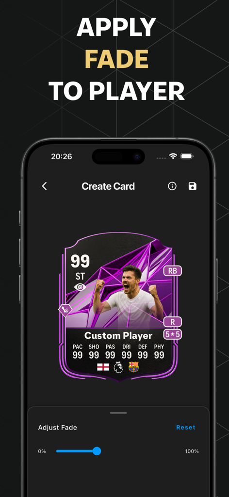 FUT Cards: FC Card Creator - A mobile app interface showing a custom football card creator with an adjustable fade effect on a player photo.