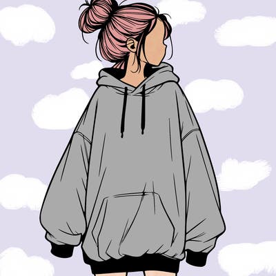 realistic girl with a oversized sweatshirt on and a bun