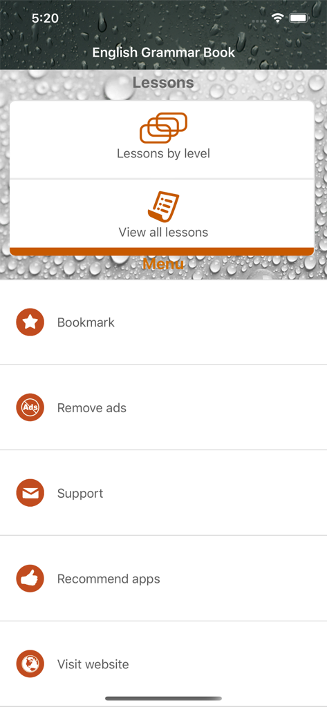 English Grammar - Book - レッスンのオプションと設定を表示する英文法ブックアプリのメインメニュー