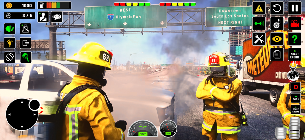 Des pompiers en tenue jaune intervenant sur une mission de sauvetage sur autoroute dans un jeu de simulation