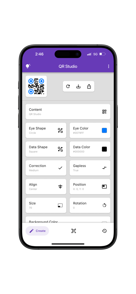 A mobile interface for the QR Studio Pro app displaying detailed customization settings for a QR code including eye shape and color