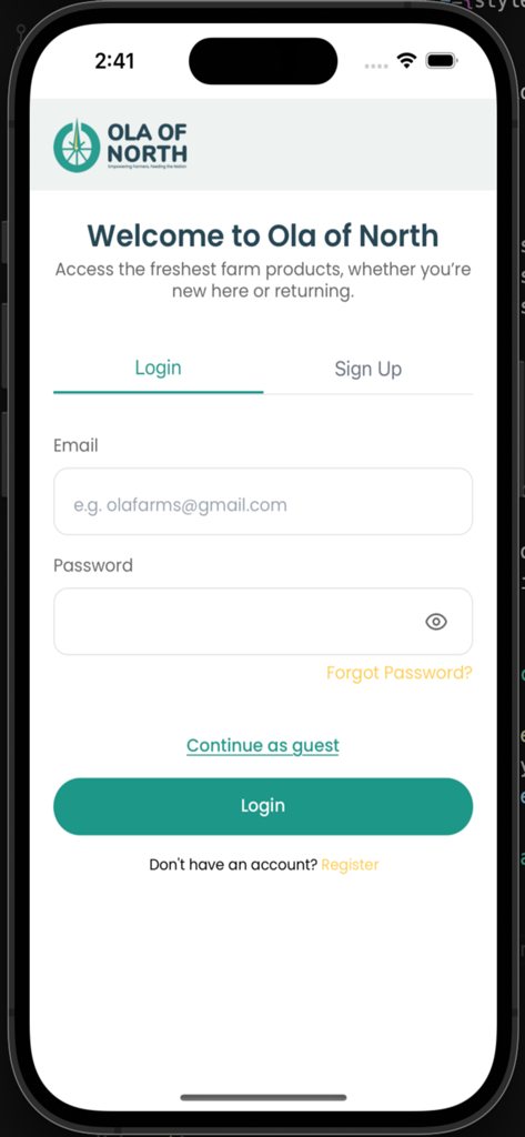 Ola of north - Pantalla de inicio de sesión de la aplicación móvil Ola of North con campos de correo electrónico y contraseña para acceder a productos de granja