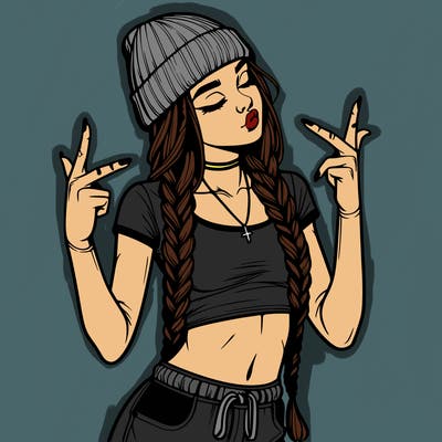 realistic teenage girl with braids and a beanie and crop top doing 🫶🏼