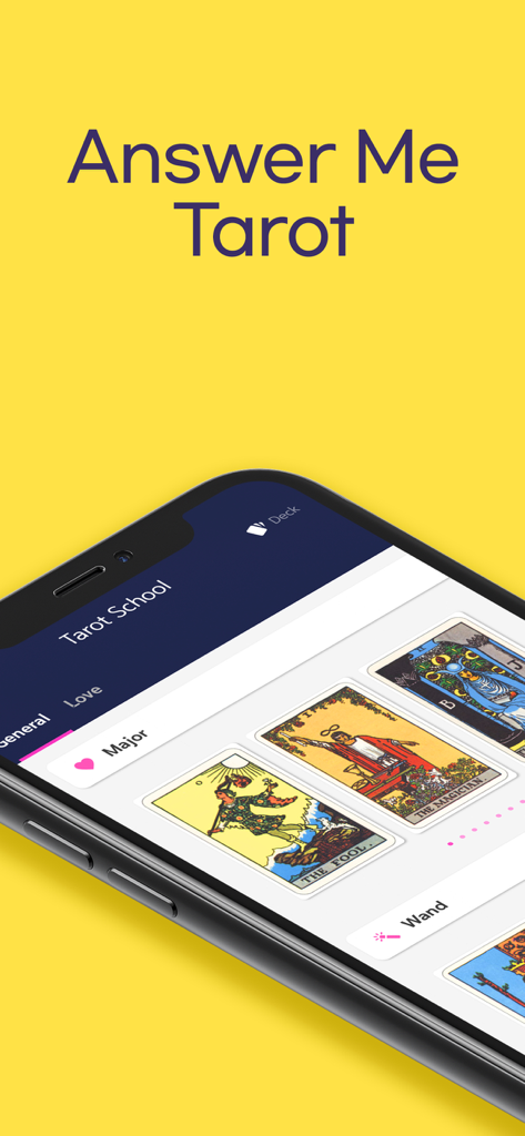 Answer Me Tarot Card Reading - Um smartphone mostrando cartas de tarot no aplicativo Answer Me Tarot contra um fundo amarelo brilhante.
