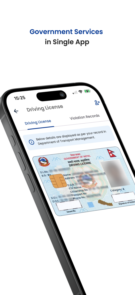 Nagarik App showing a digital Nepali driving license screen