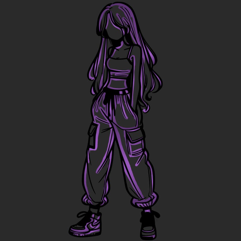 girl in baggy pants crop top and long hair