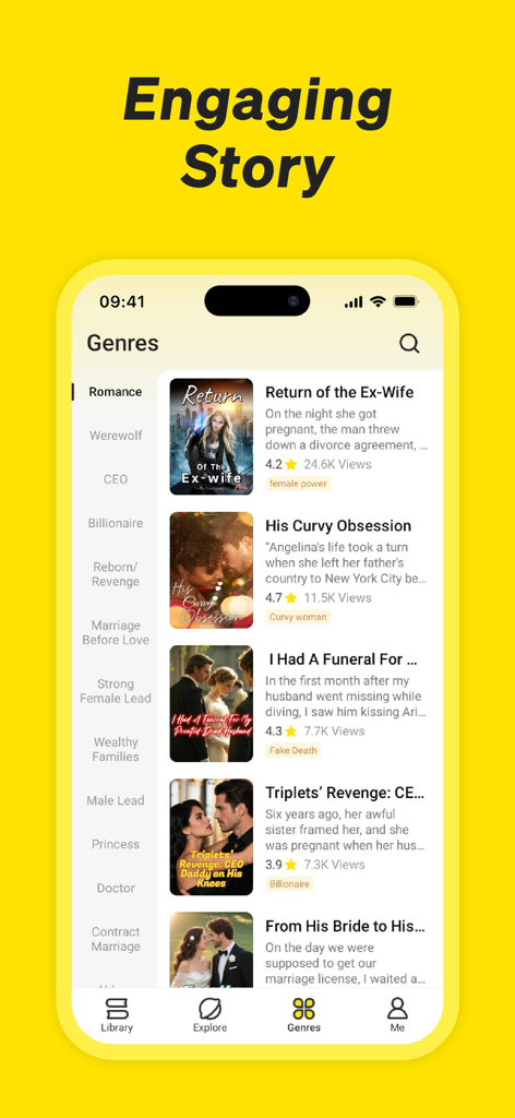Oberfläche der NovelUP-App, die eine Liste von Romance- und Milliardärs-Webnovels auf dem Bildschirm Genres anzeigt.