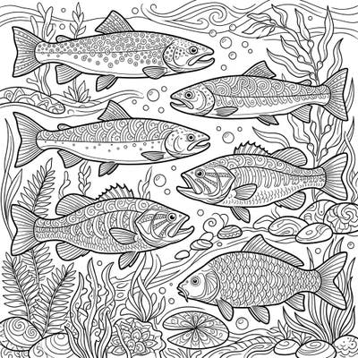 Explore the serene beauty of freshwater life with this exquisite Zentangle coloring page featuring various fish species. Perfect for adults and teens seeking a calming and intricate artistic challenge.