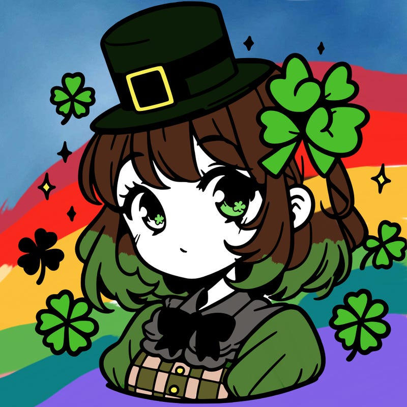 a manga-style girl with clovers around her, a little hat in her hair, like it's saint patrick's day