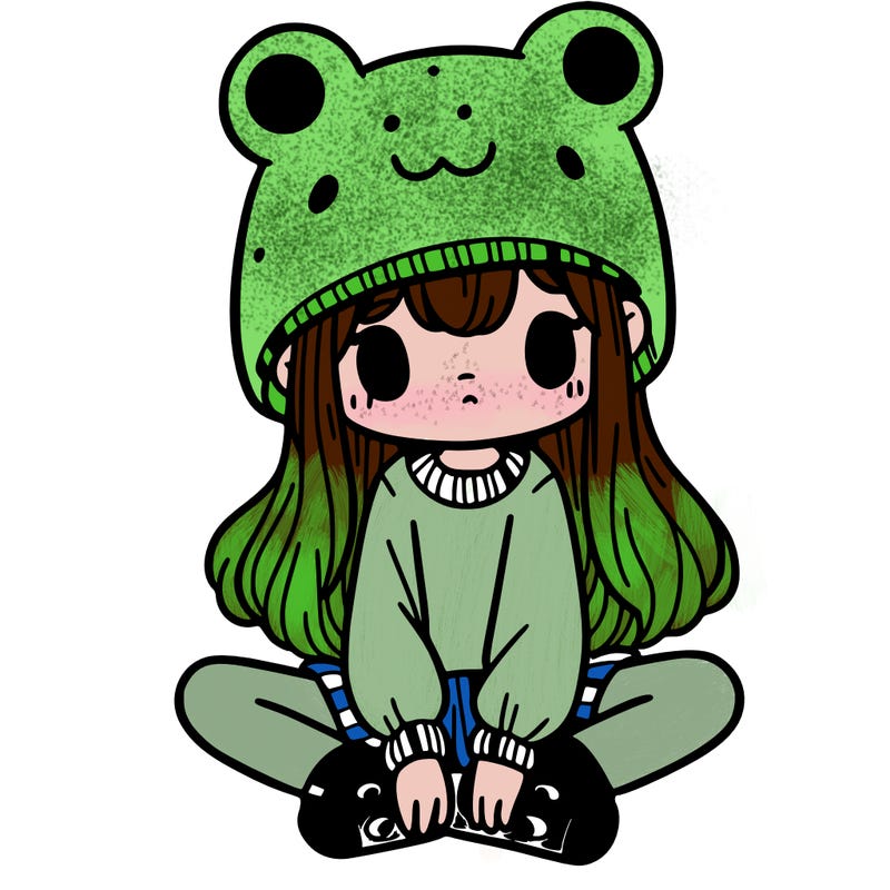 a girl wearing a frog hat and some frog socks