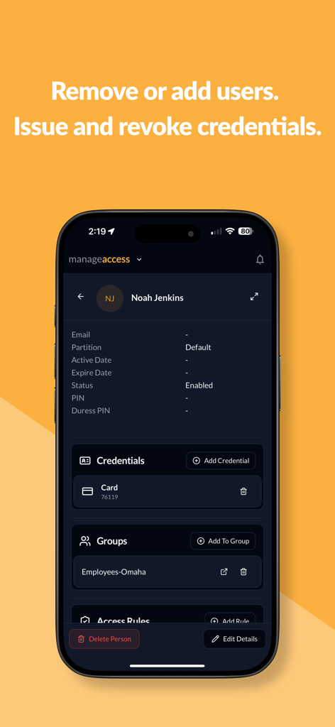 PDK Access by ProdataKey - Interfaz de administrador en la aplicación PDK Access para gestionar credenciales y grupos de usuarios.