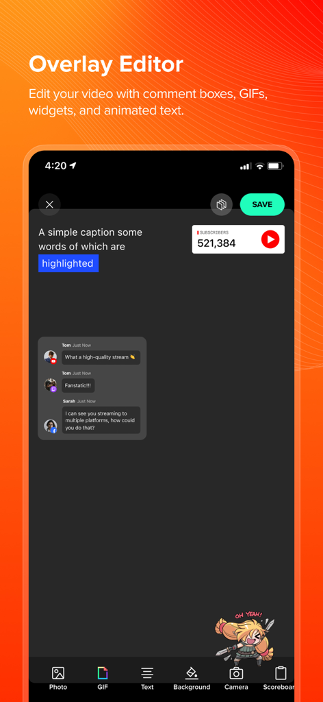 Live Now - Live Stream - Live Now app overlay editor showing live chat widgets and subscriber counts for professional mobile streaming
