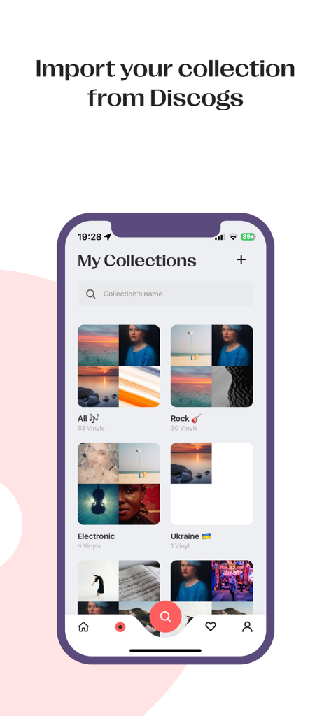 Vinyls: Manage your collection - Schermata dello smartphone che mostra la pagina Le mie collezioni dell'app Vinyls con griglie di copertine di album e un'opzione per importare da Discogs.