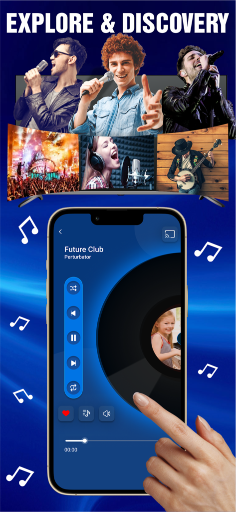 Interfaz de la aplicación All Cast para transmitir música y explorar contenido en un Smart TV