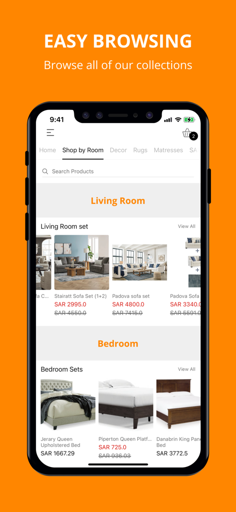 Ashley Homestore - Pantalla de la aplicación Ashley Homestore que muestra colecciones de muebles de sala y dormitorio con precios.
