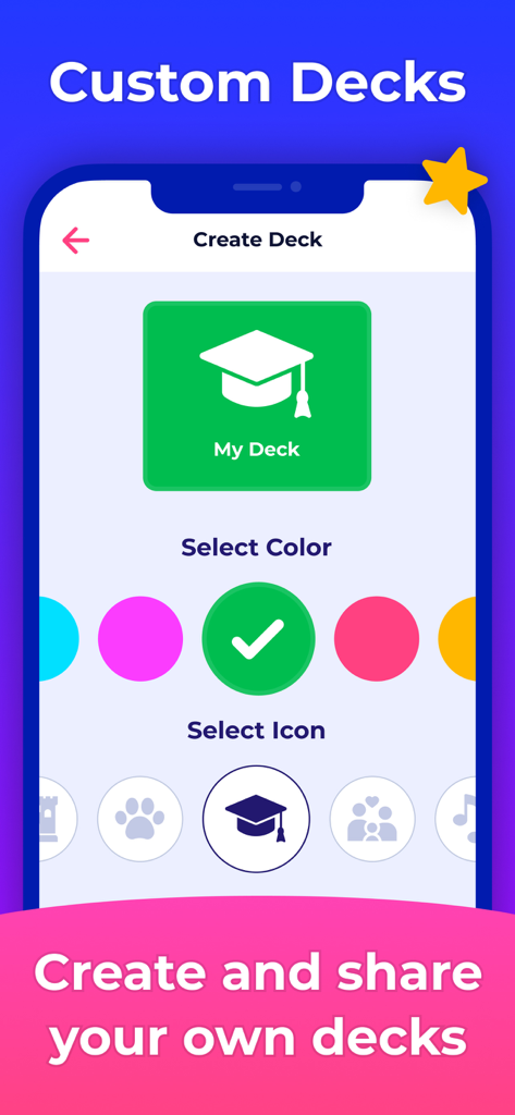 A mobile app screen for creating custom charades decks with options to select colors and icons.