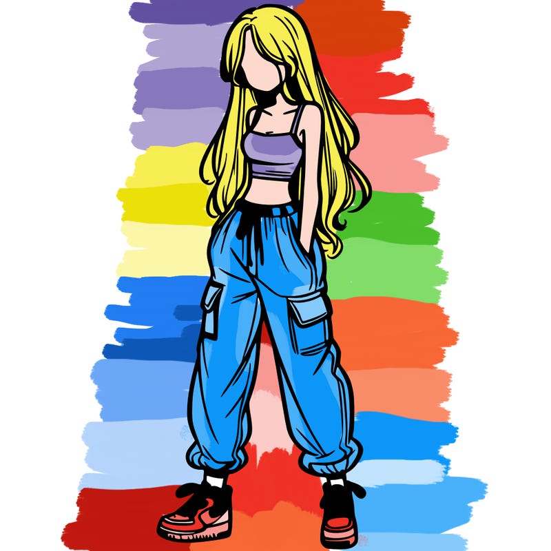 girl in baggy pants crop top and long hair