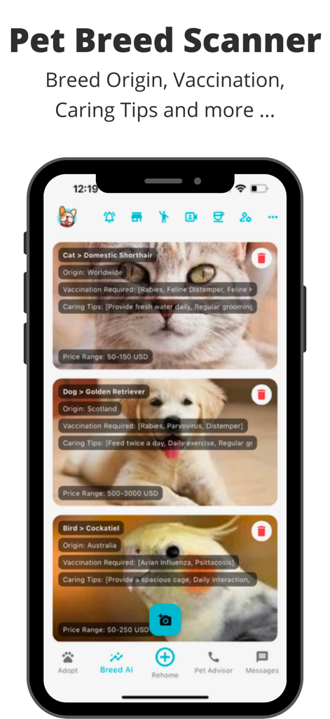 Pets Home: Rehome & Adopt Pets - Pet Breed Scanner feature in the Pets Home app showing breed information, origin, vaccination requirements, and caring tips for cats, dogs, and birds