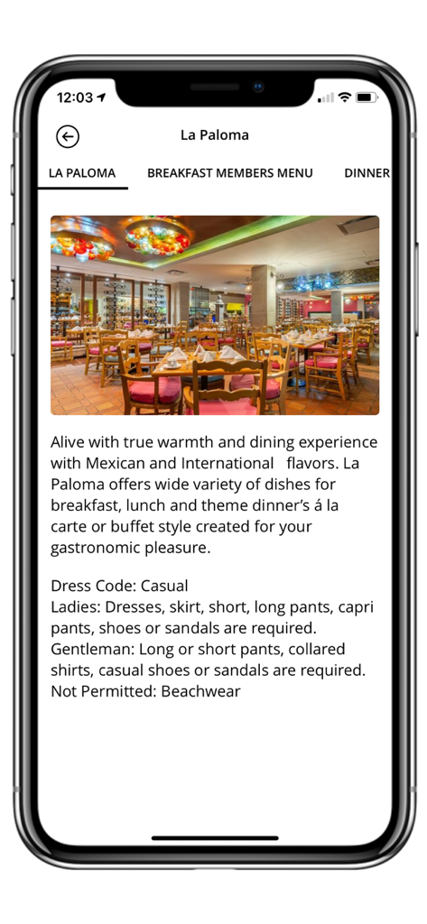 Wyndham Grand Cancun - Schermata dell'app Wyndham Grand Cancun che mostra i dettagli del ristorante La Paloma e il codice di abbigliamento