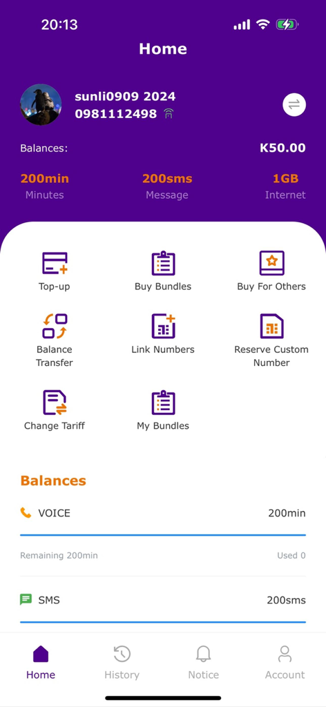 Zed-Life - Zed-Life app home screen showing account balances for minutes, SMS, and internet data usage