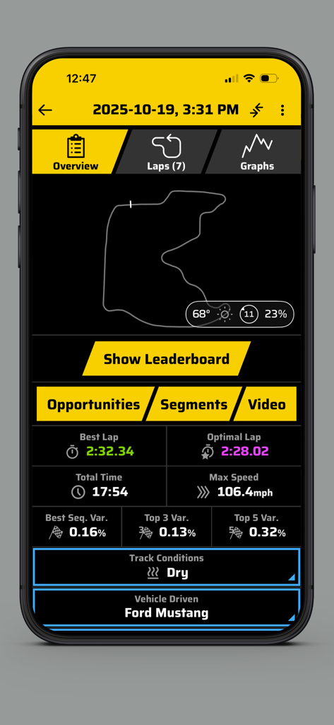 Garmin Catalyst™ - Interface de l'application Garmin Catalyst affichant un résumé de session de conduite avec carte du circuit et métriques de performance